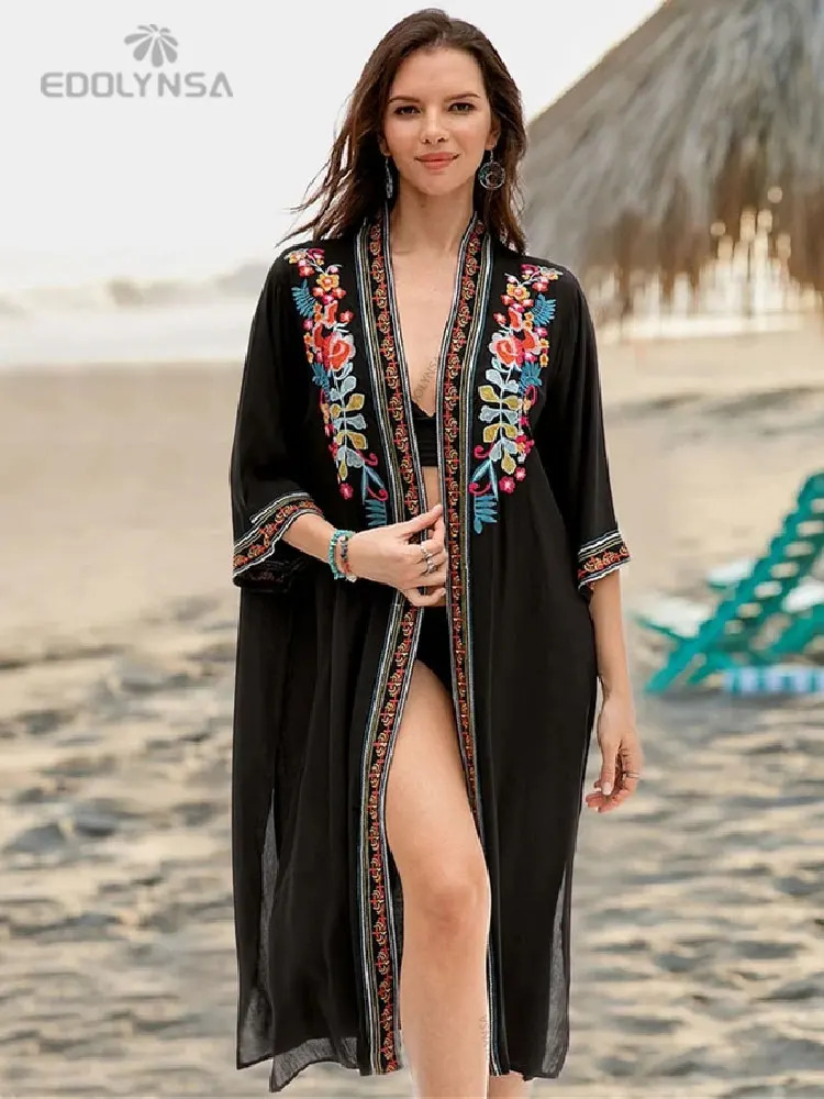 

2023 Black Embroidered Mid-Calf Length Long Kimono Cardigan Plus Size Beachwear Sarongs Plage Women Tops Blouse Shirts Q940