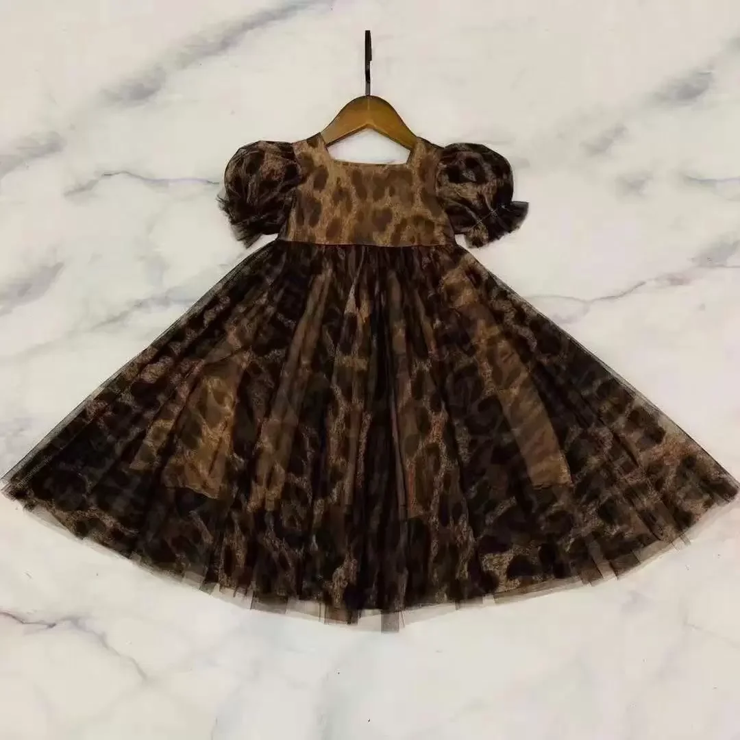 

2023 Kids Girls Print Leopard Lace dresses Children Clothes