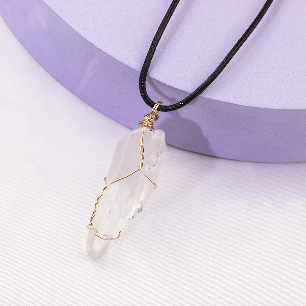 

Natural Stone Wire Winding Necklace Irregular Rock Crystal Quartz Pendant Necklaces for Women Jewelry Gift