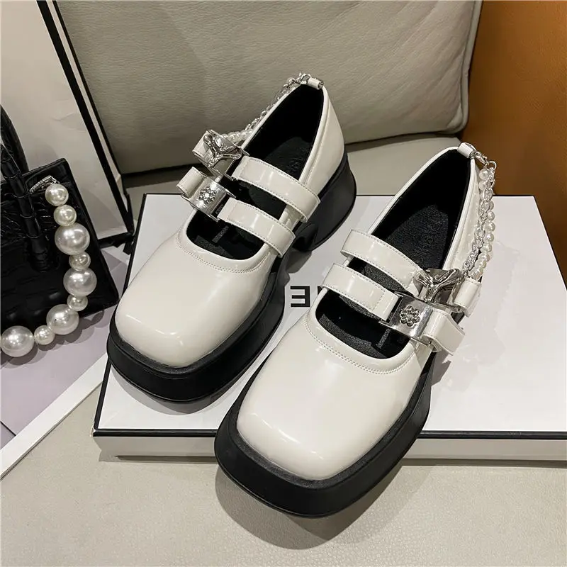 Spring Autumn Pearl Chain Lolita Shoes Buckle Mary Janes Shoes Leather Shallow Woman Flats Girls Platform Shoes Zapatos Mujer