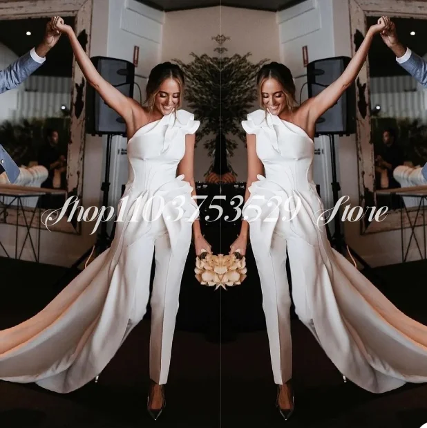 Luxury One Shoulder Ruffle Satin Wedding Dress 2025 Pants Set Formal Occasion Bohemian vestidos de novia