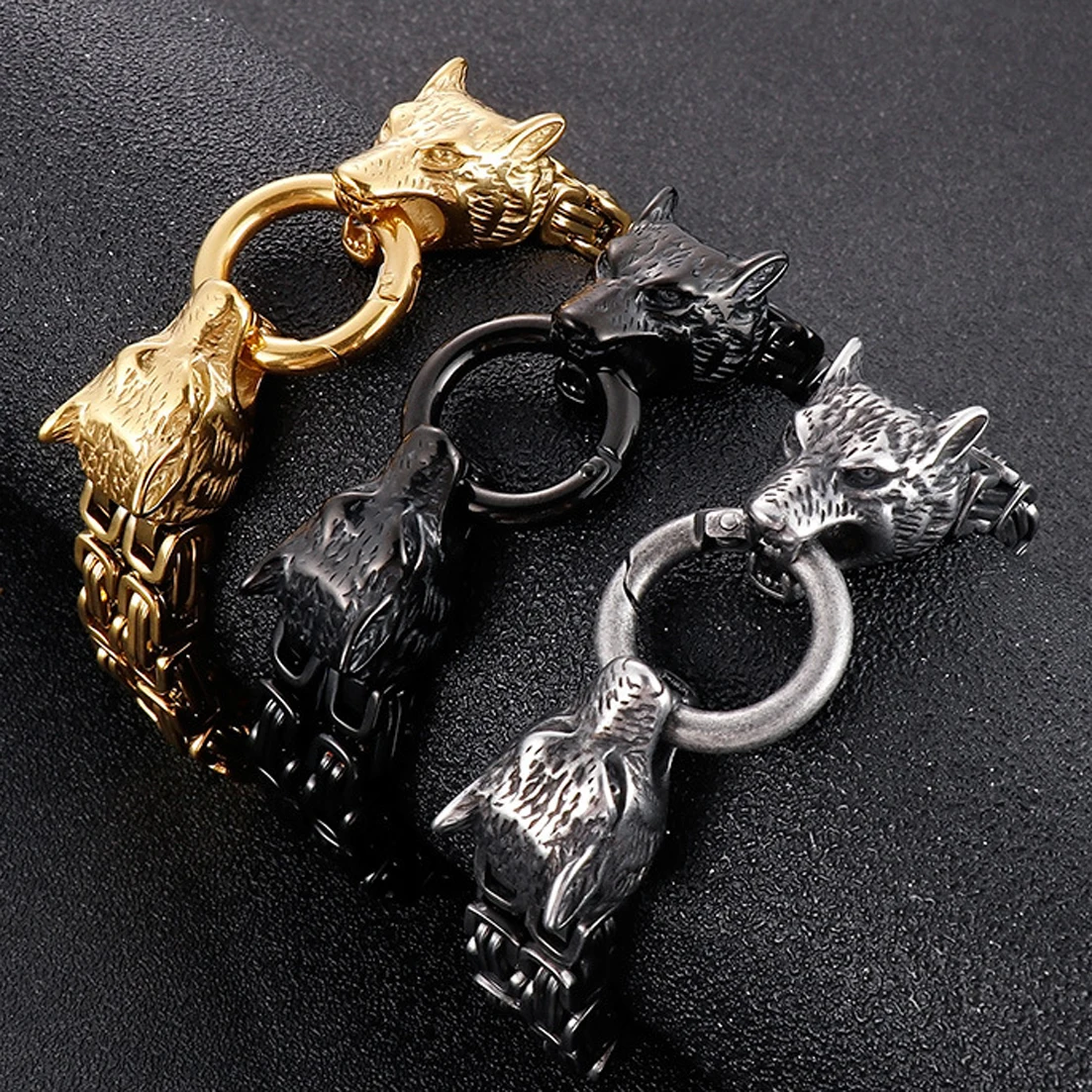 

Granny Chic 19cm/21cm/22cm Long Gold Tone Stainless Steel Double Row Byzantine Wolf Head Link Bracelet Bangle for Men Women