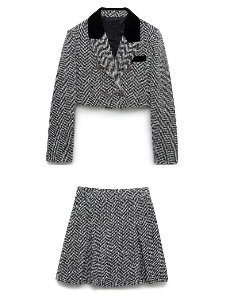 

Женские Осенние костюмы с юбкой, комплект из 2 предметов, повседневные короткие блейзеры с жилевым узором и мини-юбка, женский элегантный оф...