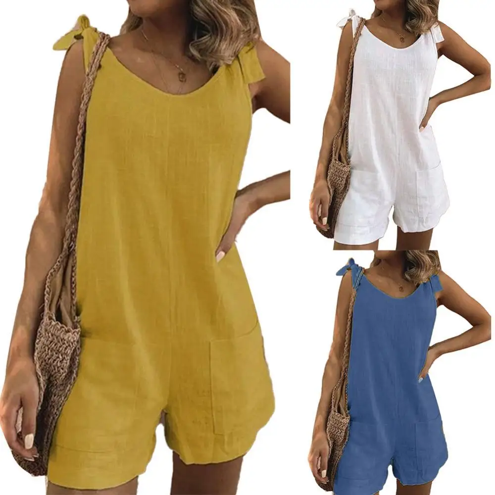 

Women Solid Color Sleeveless Adjustable Straps Pockets Loose Jumpsuit Dungarees