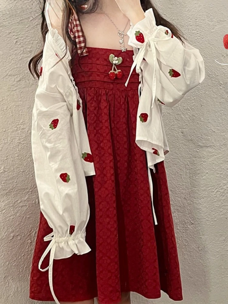 

Sweet Woman Dress Outfits Japanese 2 Piece Set for Women Loose Strawberry Shirt Tops Lace Up Cute Dresses Set Summer Chic Suit