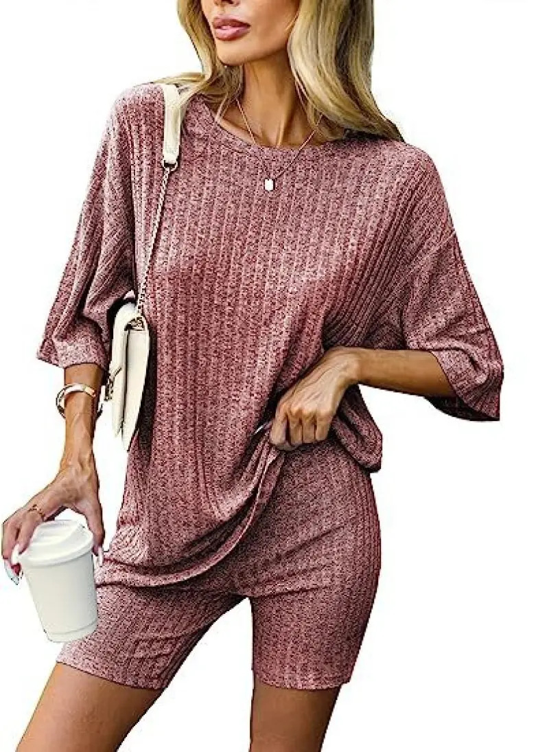 Womens Pajamas Set Pyjamas 2 Piece Lounge Sets Ribbed Knit Matching Outfits T-shirt Biker Shorts Sleepwear Loungewear Sweatsuits