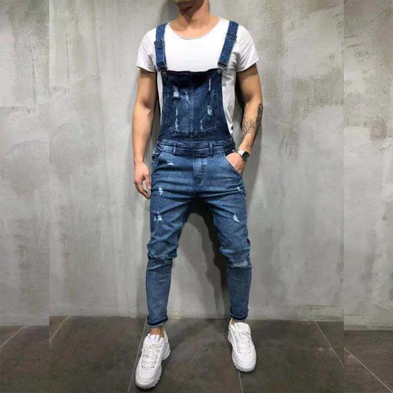 Mens Jeans Holes Trousers Spring Autumn New Bibs Cargo Pants Overalls Full Length Denim Jumpsuits Mameluco Hombre Trabajo