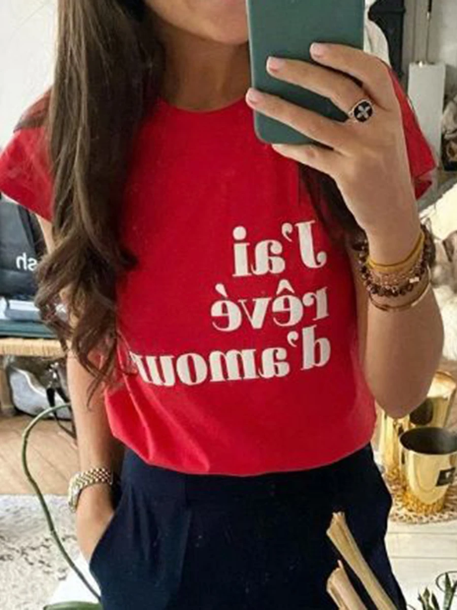 

Letter Flocking Graphic T-shirts Ladies Summer Cozy Cotton Tshirt Tees Femme Casual Vintage Hipster Clothes Creativity Tops 2022