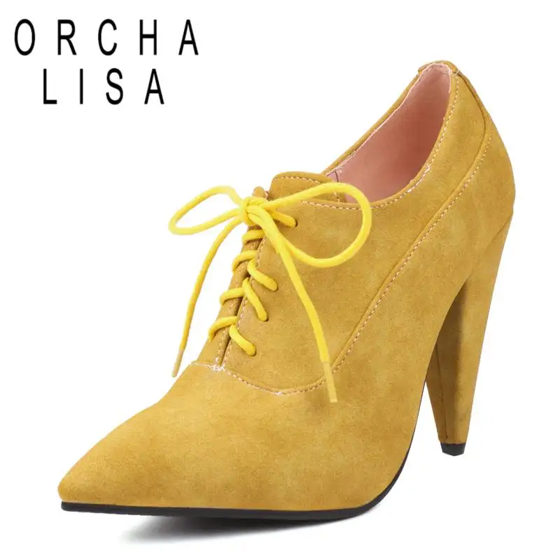 

ORCHA LISA Office Ladies Pumps Pointed Toe Thin Heels 11cm Lace Up Flock Suede Fashion Women Shoes Solid Daily Plus Size 42 43