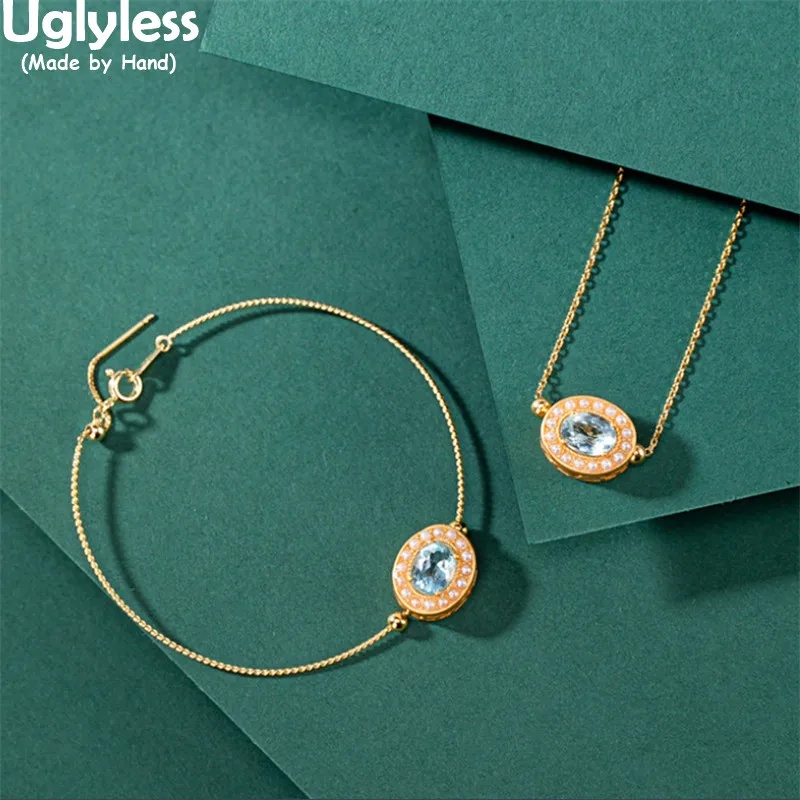 

Uglyless Faceted Crystals jewelry Sets for Women Natural Pearls Bracelets Necklaces Oval Pendants + Chain Gold 925 Silver Bijoux