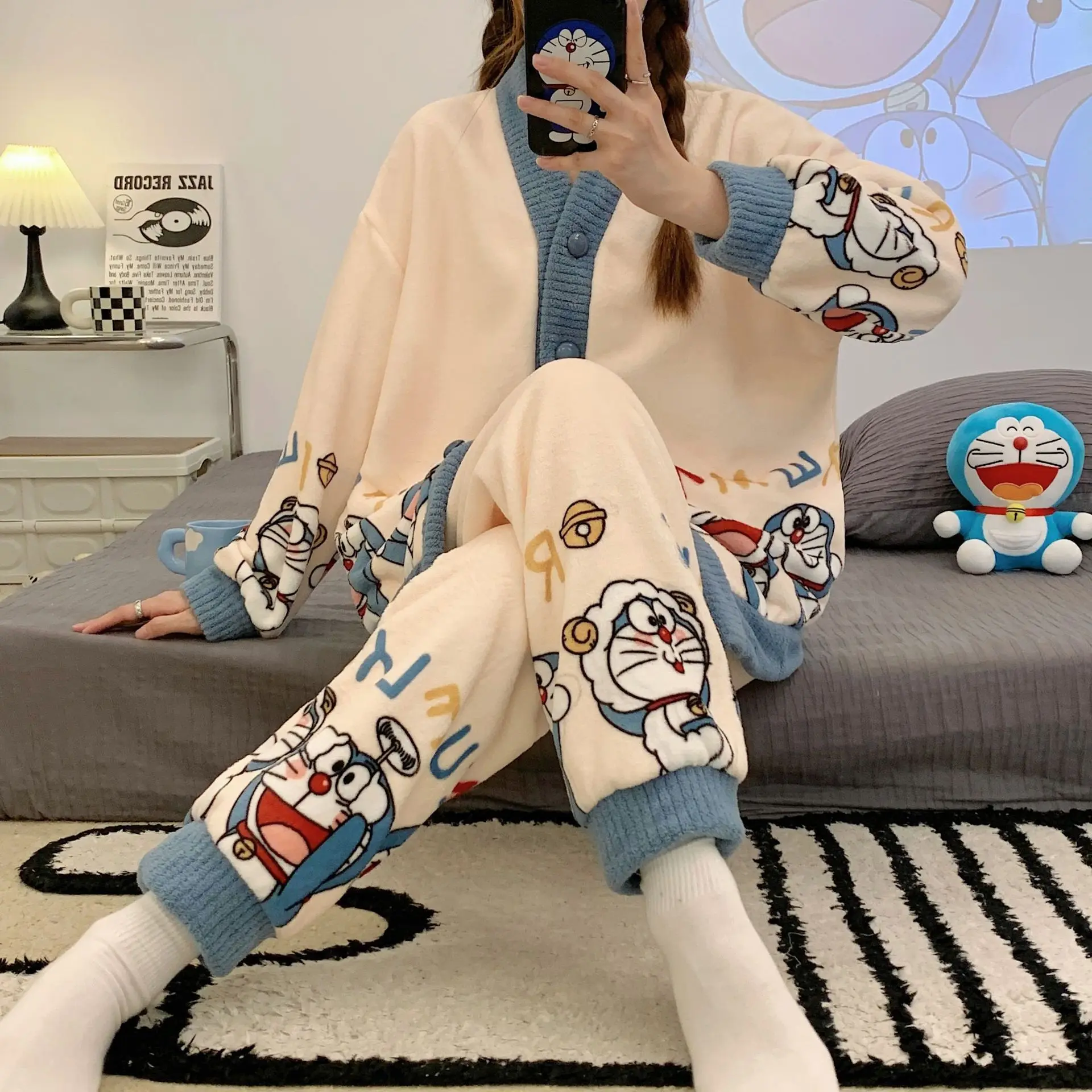 Women Winter Flannel Warm Cardigan Cute Cartoon Pajamas Suit Long Sleeve Home Sleepwear Coral Fleece Thicken Pajamas Sets