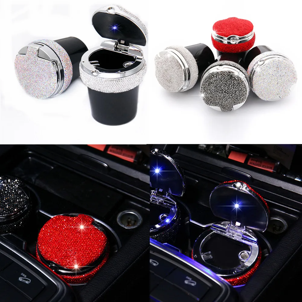 

Diamond-Embedded Car Ashtray New with LED Light Full Diamond Automobile Ashtray Universal