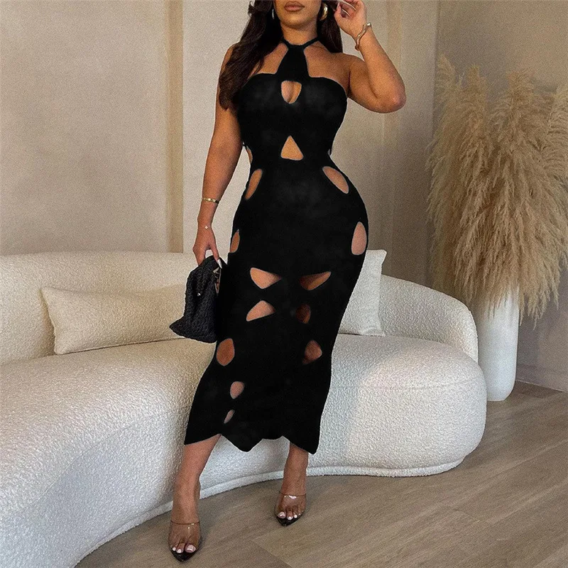 

Sexy Hollow Out Backless Slim Maxi Dress Women Autumn 2023 Solid Halter Lace Up High Waist Hips Wrapped Dresses Club Streetwear