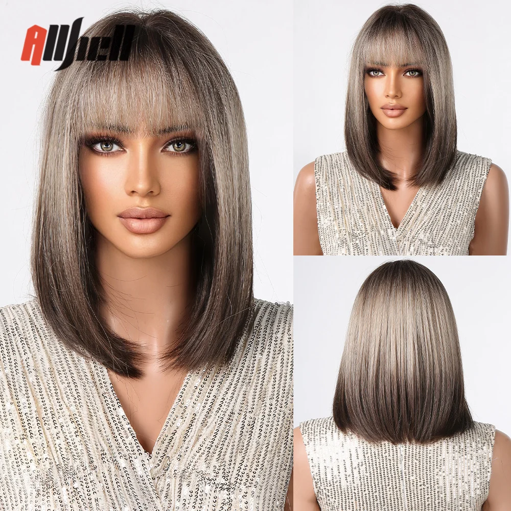 

Synthetic Short Straight Wigs for Women Ombre Blonde Brown Bob Cosplay Wig with Bangs Heat Resistant Afro Female Party Fake Hair