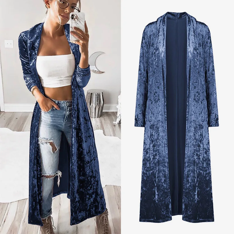 

Elegant Women Velvet Cardigan Long Sleeve Coat 2021 Autumn Fashion New Pure Color Windbreaker Casual Ladies Long Jacket