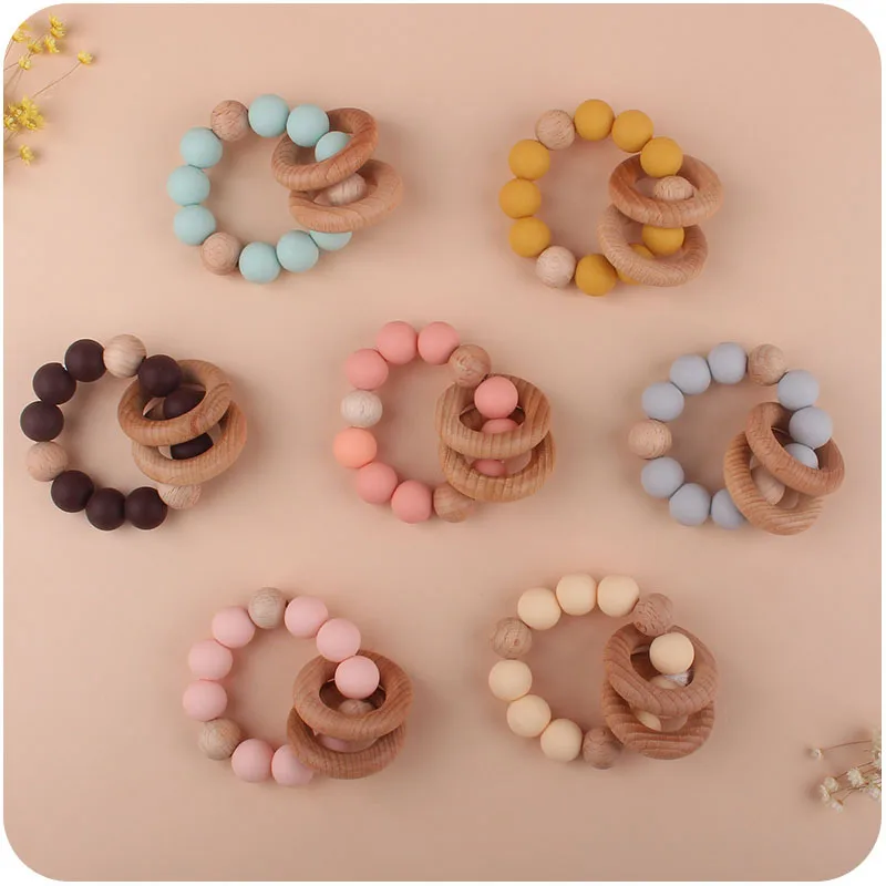 

New Silicone Baby Teether Food Grade Silicone Beads Beech Wood Bracelets Newborn Chewing Molar Teething Toys BPA Free