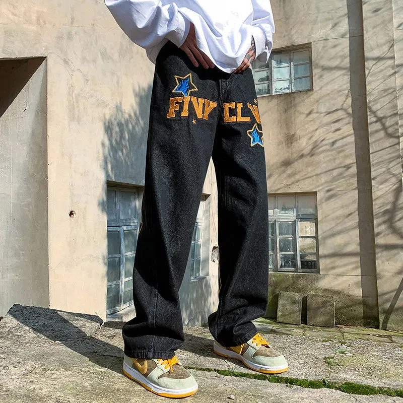 Korean Fashion Street Letters Printed Jeans Male High Street Object Easy Feeling Restoring Ancient Ways Straight Trousers Unisex