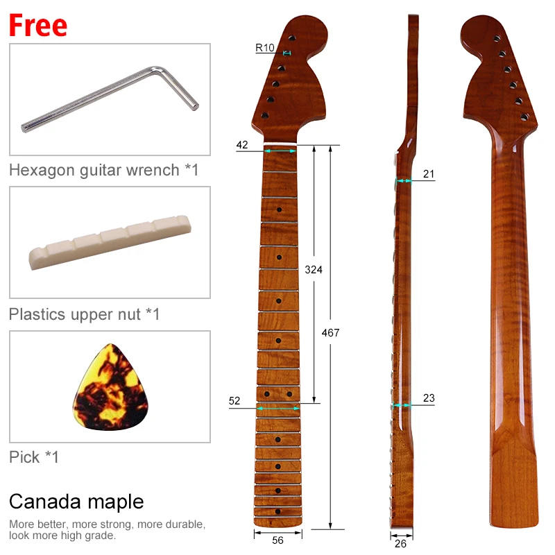 Roasted Canada Flame Maple ST Electric Guitar Neck High Gloss Finish Bone Nut Maple Fretboard 21 Frets 5.6 Width
