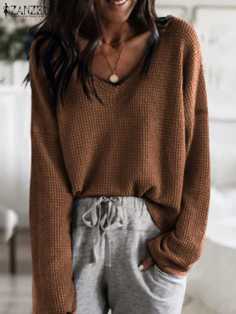 

Элегантные однотонные женские футболки оверсайз ZANZEA модные пуловеры с длинным рукавом винтажные Ретро Блузы трикотажные топы с V-образным ...