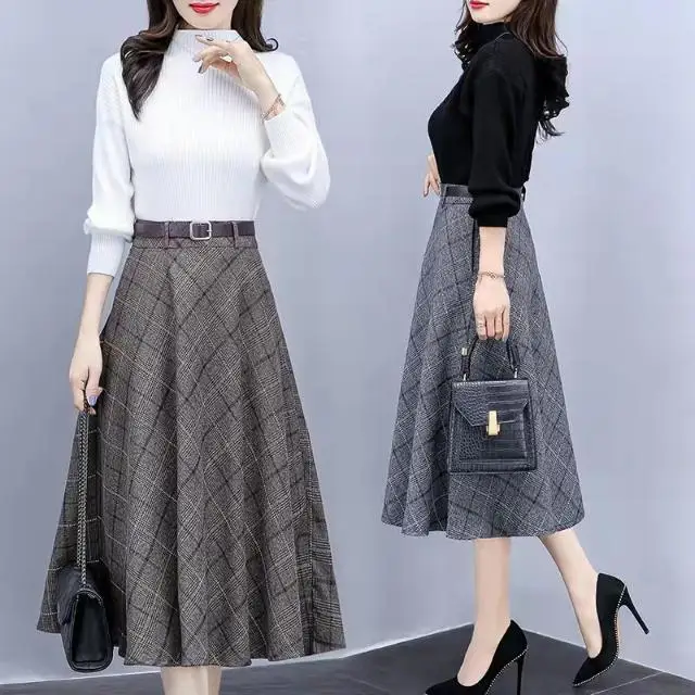 

Women's Spring Autumn Elegant Knitted Pullover and High Waist A-line Skirts Sets Female Korean Fashion Casual 2 Pieces Suit Q31