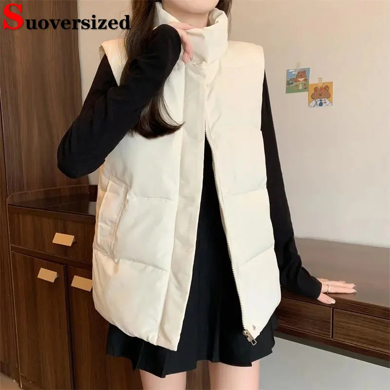 

Oversized 95kg Winter Sleeveless Jackets Loose Stand Collar Thick Women Cotton Vests Korean New Casual Windbreak Waistcoat