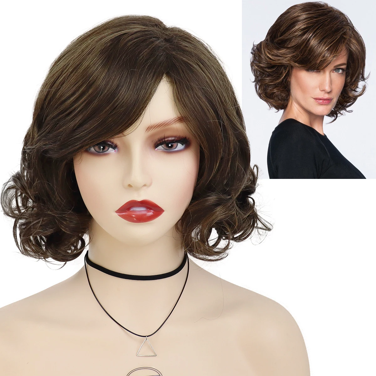 

Короткие синтетические вьющиеся парики GNIMEGIL для женщин, коричневый парик с челкой, натуральные стили, для ежедневного использования, для се...