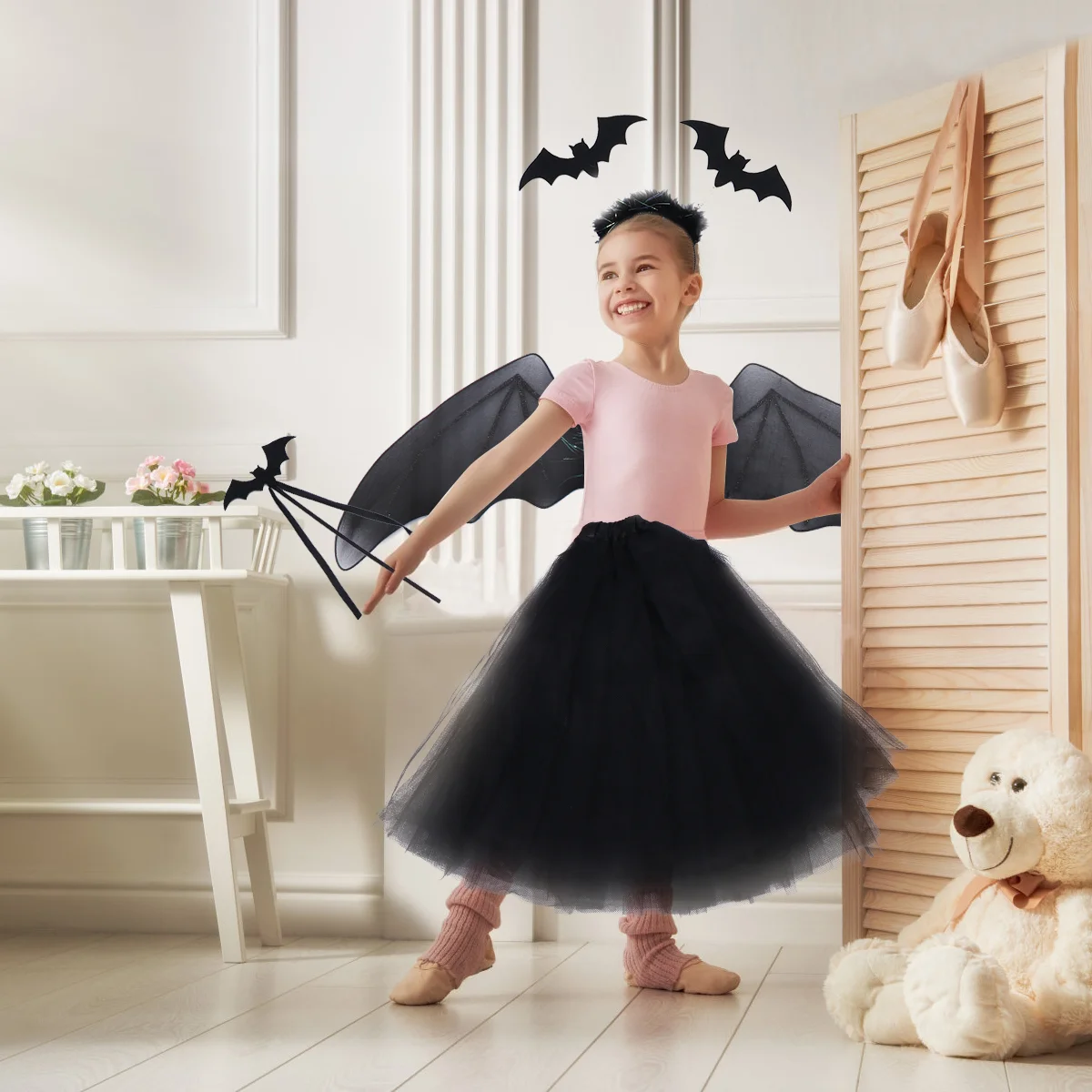 

1 Set Girls Party Costume Bat Wing Gauze Tutu Skirt Fairy Wand for Kids Wings