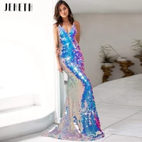 jeheth luxury sequin mermaid evening dresses for women long deep v neck prom party gown with train sexy backless spaghetti strap