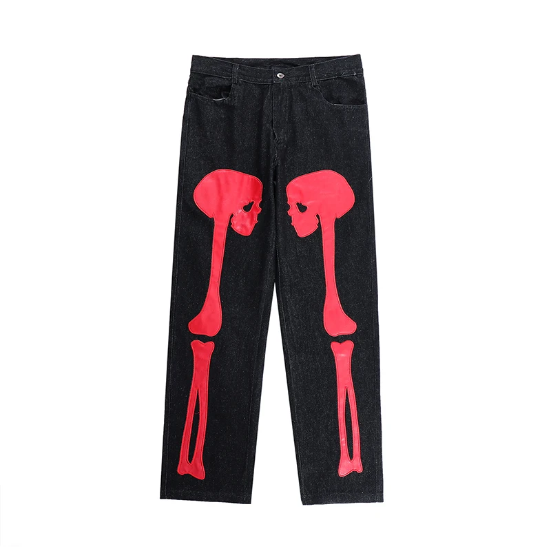 

Original Retro Leather Skull Bone Embroidery Jeans Pants for Men Ripped Washed Pockets Streetwear Casual Denim Trousers