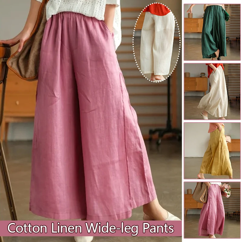 Women Summer Cotton Linen Wide-Leg Pants Large Size Trousers Loose Casual Solid Color Elastic Waist Straight Nine-Point Pants