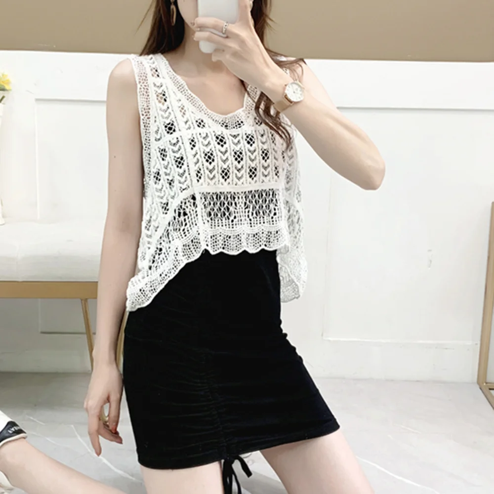 

Vest Sleeveless V Neck Shirt Tops New Women's Summer Cover-ups Hollow Crochet One Size Loose Fit Blouse Tee Cutout Style