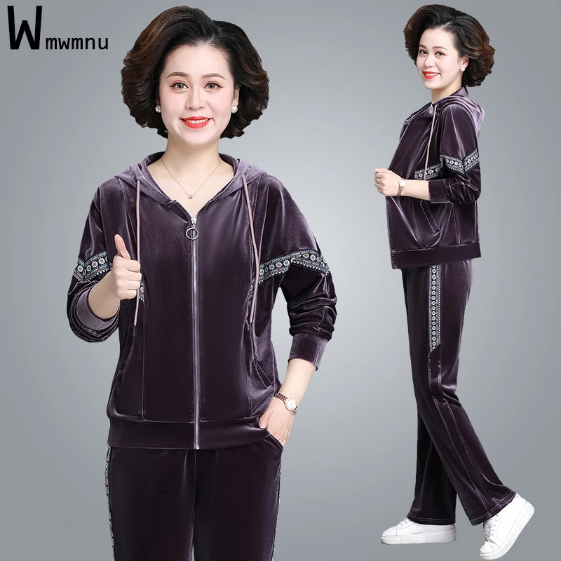 

Velvet Hooded Printed Sports Suits Middle Aged Mom Spring Autumn Thin 2 Piece Sets Full Sleeve Zipper Coats+Capris Pants Outfits