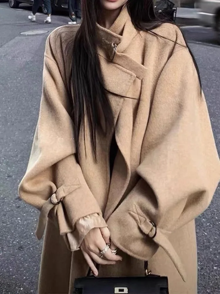 Осенне-зимние длинные шерстяные пальто Элегантные Свободные корейские новые