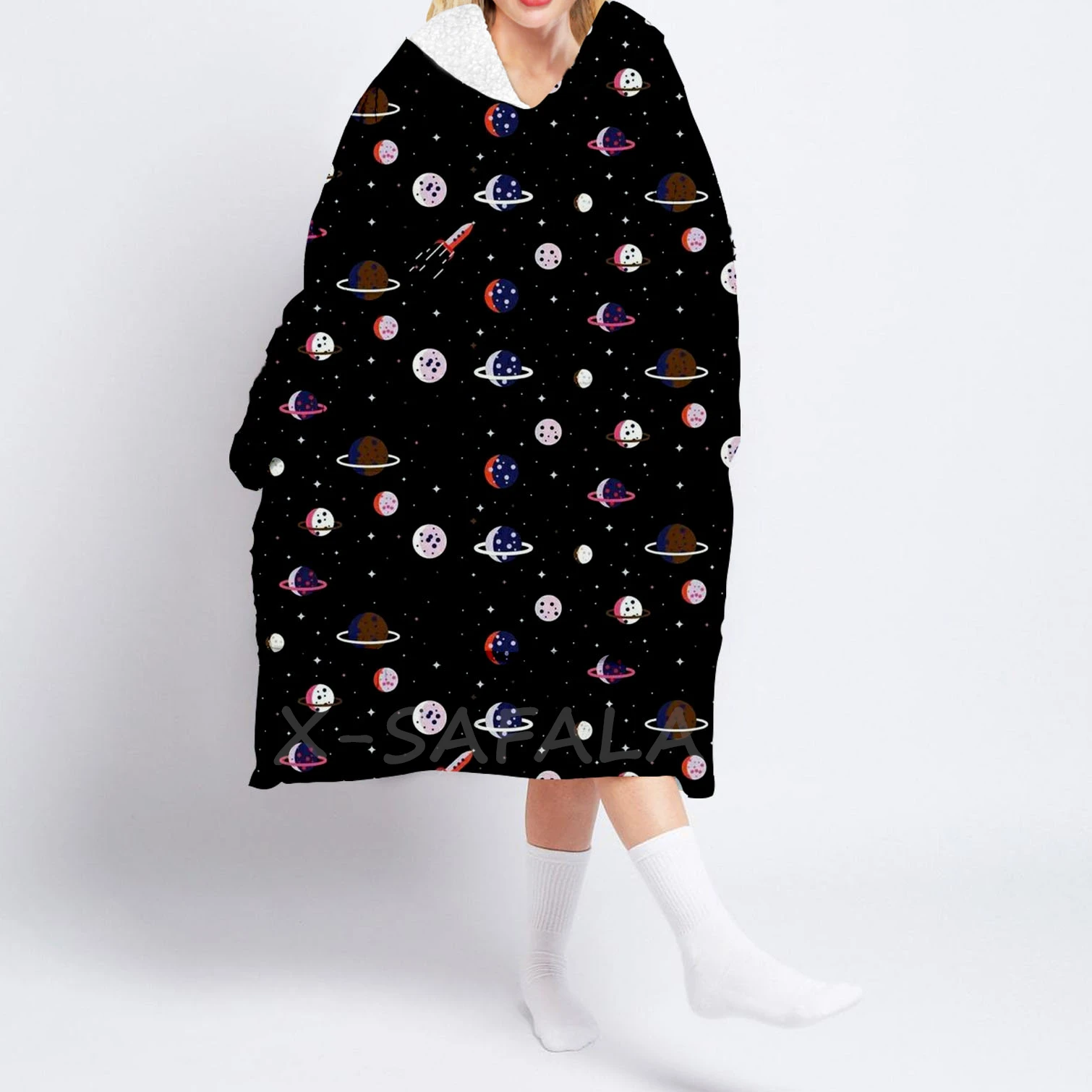 

Space World Printed Oversized Hooded Wearable Blanket Hoodie Robes Sherpa Pocket Female Man Sleepwear Nightdress Pajamas