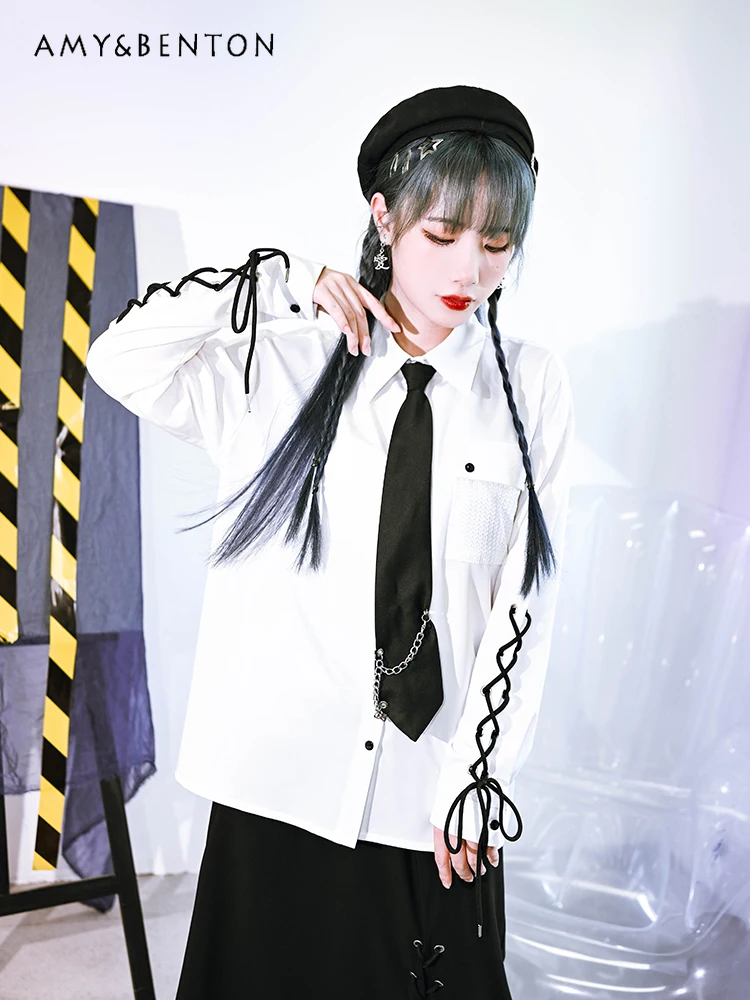 

Harajuku Y2k Polo Collar Lace-up Blouses Autumn New Gothic Fashion Loose All-Match Casual White Blusas Punk Sreet Womens Tops