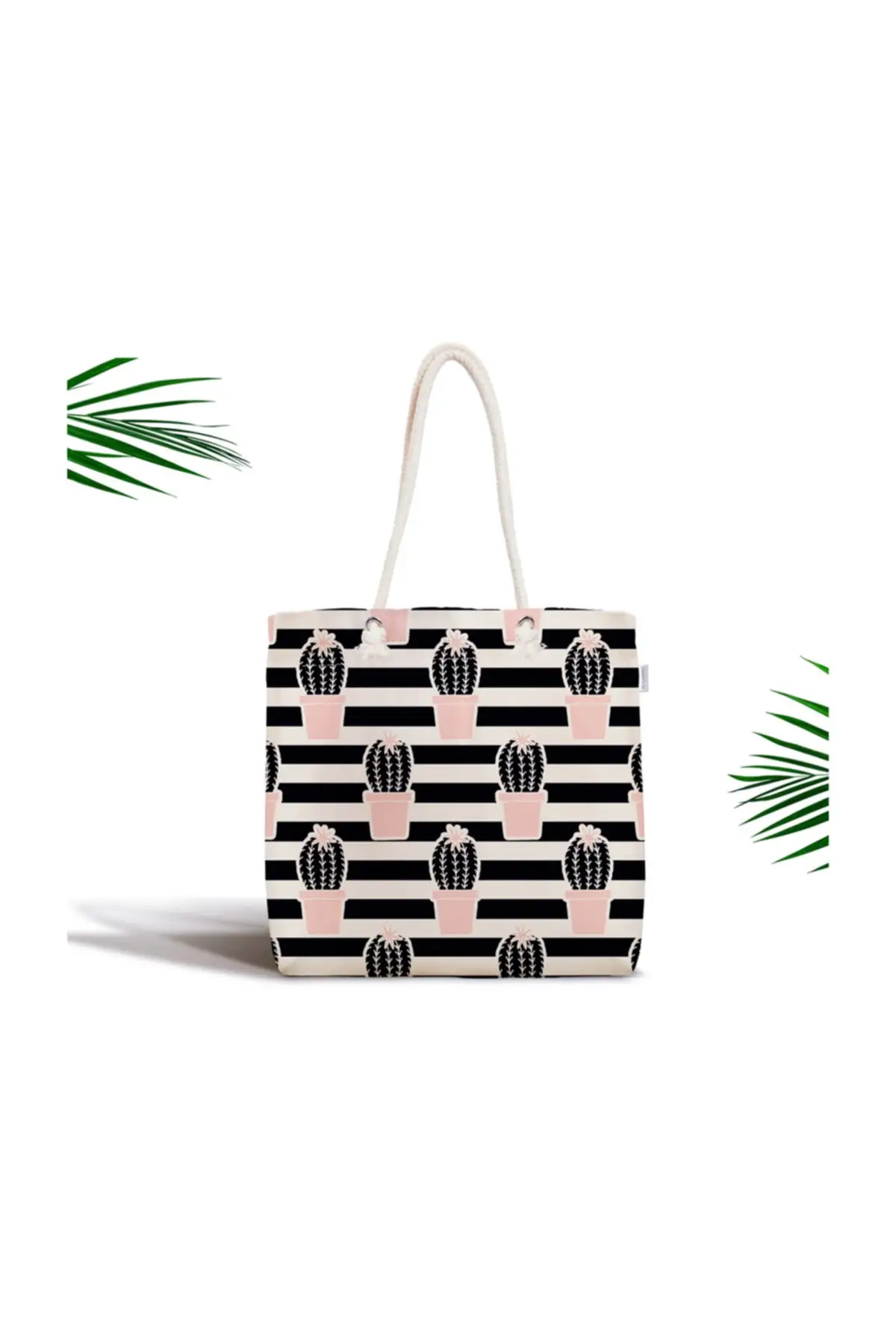 

Женская пляжная сумка, черная полосатая тканевая сумка-тоут на молнии с цифровым принтом кактуса, летние сумки для покупок