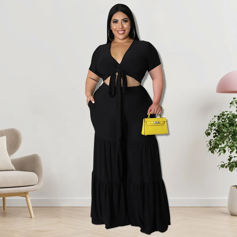 

Women Two Piece Casual Suits Short Sleeve Crop Top & Wide Leg Loose Pants Set Summer Holiday Beach Big Size Wholesale Clothing