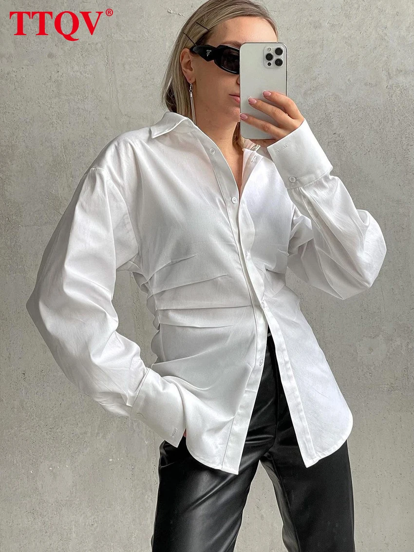 

TTQV Fashion White Lapel Women's Blouse Autumn Casual Long Sleeve Elegant Cotton Shirts Ladies Blouses Solid Chic Tops Female