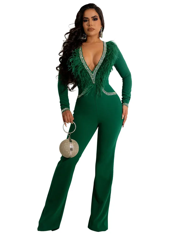 

Szkzk Sexy Feather Rhinestone Bodycon Jumpsuit For Women Club Rompers Long Sleeve Deep V Neck Party Evening Clubwear Jumpsuits