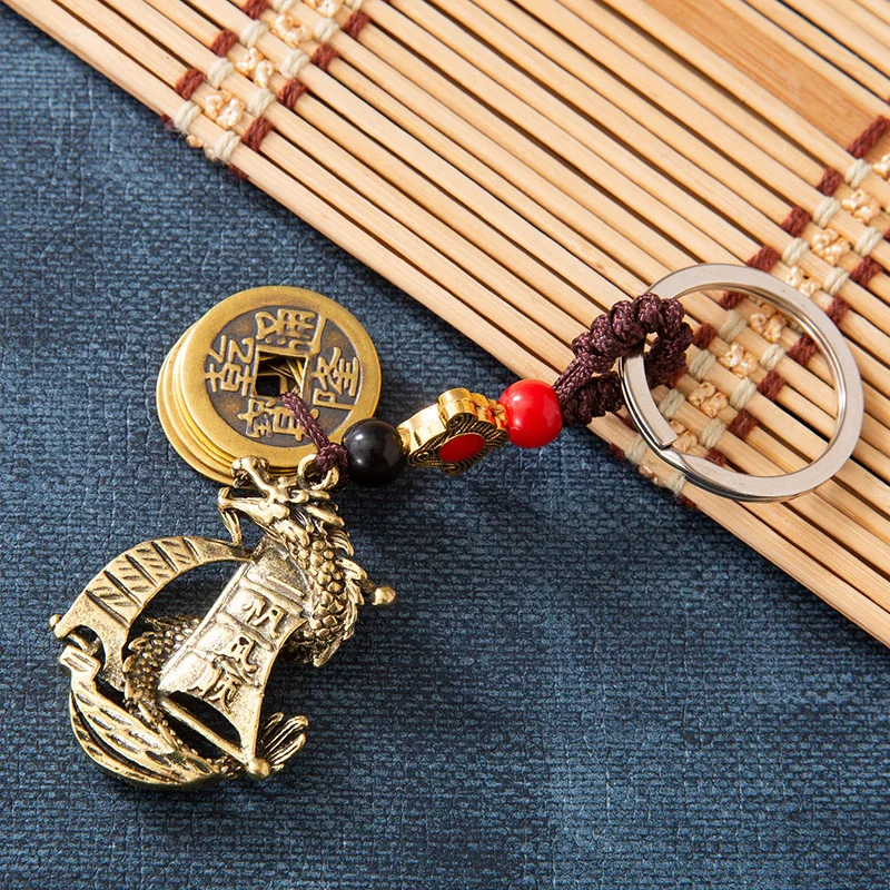 

Handmade Rope Lucky Feng Shui Hanging Vintage Brass Money Bag Keychain Pendant Jewelry Ancient Five Emperors Coins Car Key Chain