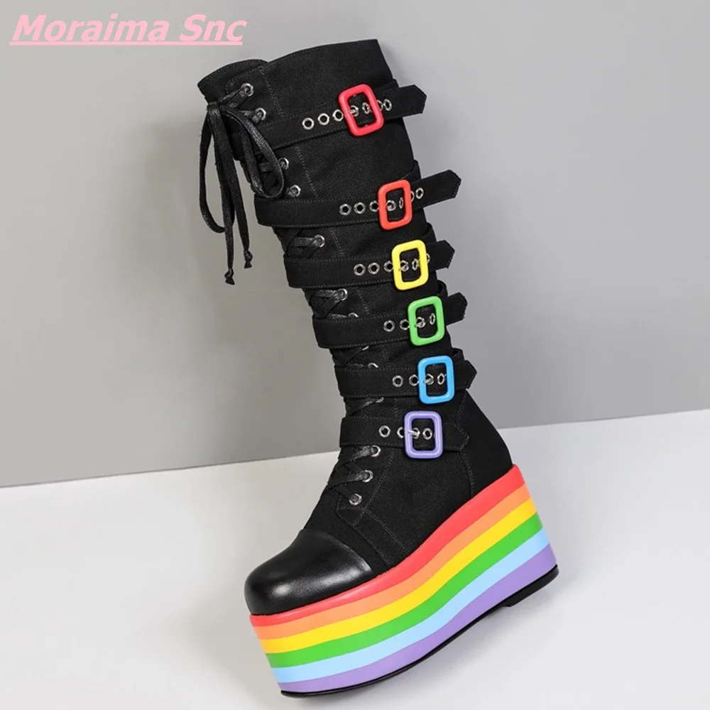 New Colorful Platform Martin Boots High-heeled Breathable Genuine Leather Lace-up Adjustable Women Shoes Comfortable Stress 2022