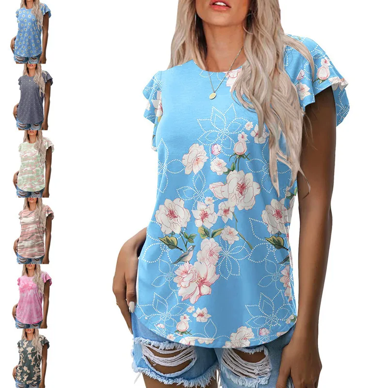 

Summer Women's Top Round Neck Pullover Straight Tube Ruffled Short Sleeved Printed Loose Fitting T-shirt