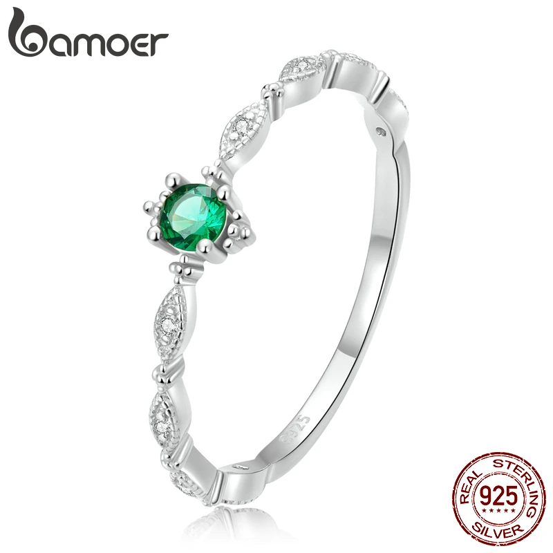 Bamoer 925 Sterling Silver Plating 14k Gold Women Ring Inlaid with Green Zirconium Fine Jewelry Trendy Tail Ring Wedding Gift