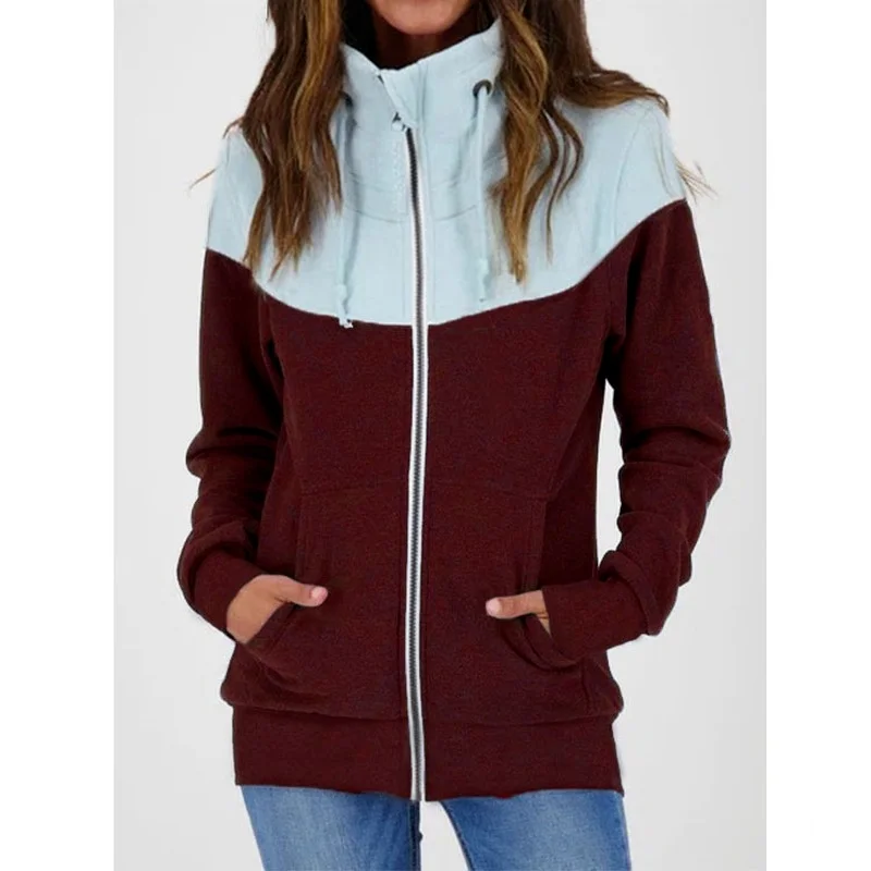 Winter Plus Velvet Jackets Women Patchwork Zip Up Hoodies Sweatshirts Autumn Female Casual Loose Drawstring Hooded Tops Coat