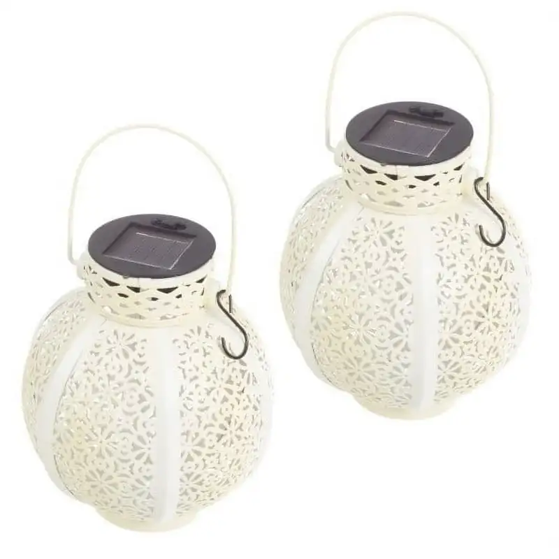

of 2 Solar Outdoor Lights - Hanging or Tabletop Rechargeable LED Lantern Set with 2 Shepherd Hooks for Outdoor Decor by (White)