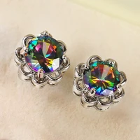 new trendy silver plated flower stud earrings for women shine rainbow cz stone inlay elegant wedding party gift piercing earring
