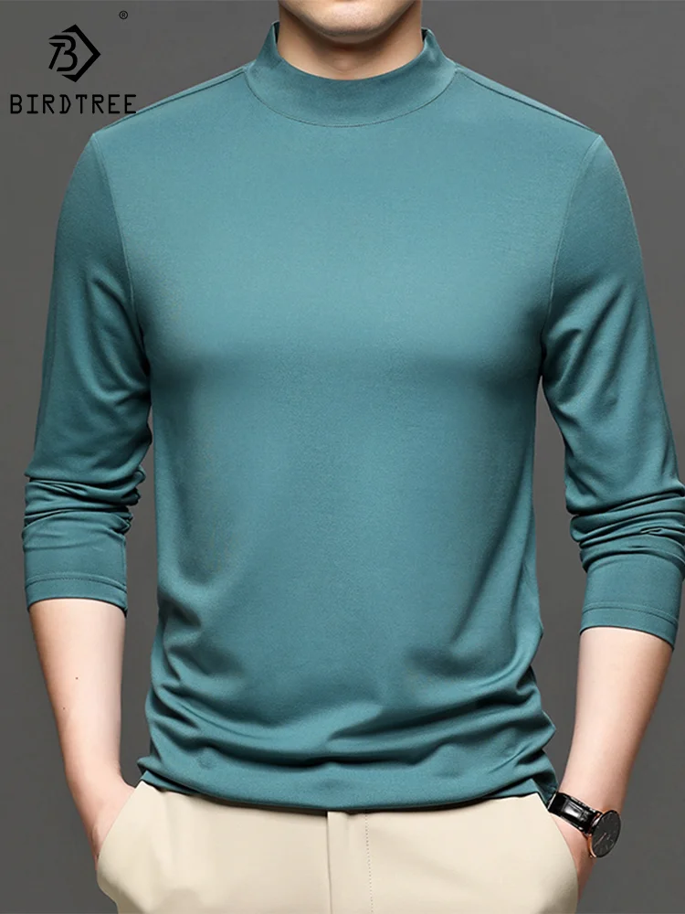 Бренд Birdtree натуральная смесь шелка макет шеи футболка для мужчин с длинным