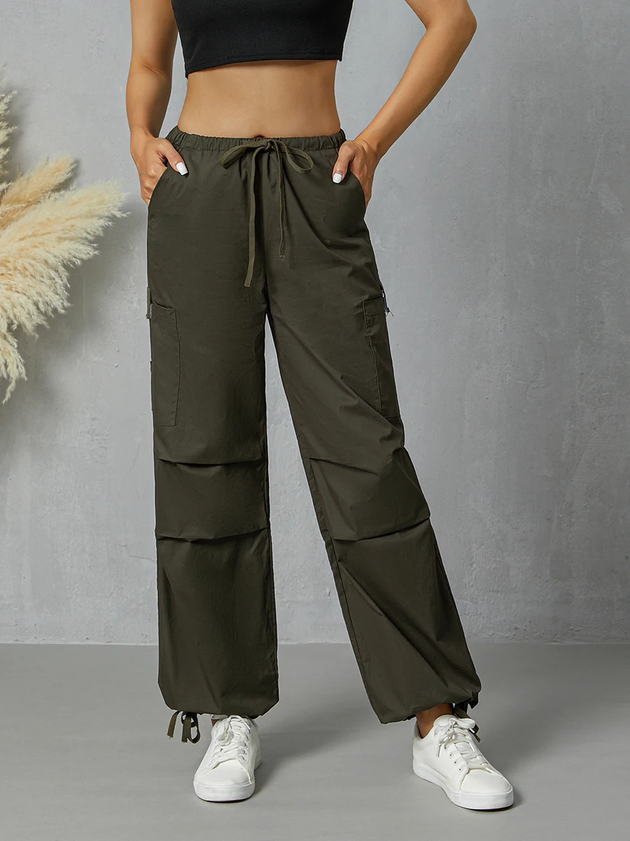 Women Wide-leg Cargo Pants Ladies Casual Solid Color Drawstring Trousers with Pockets Breathable Sweatpants Fashion Streetwear