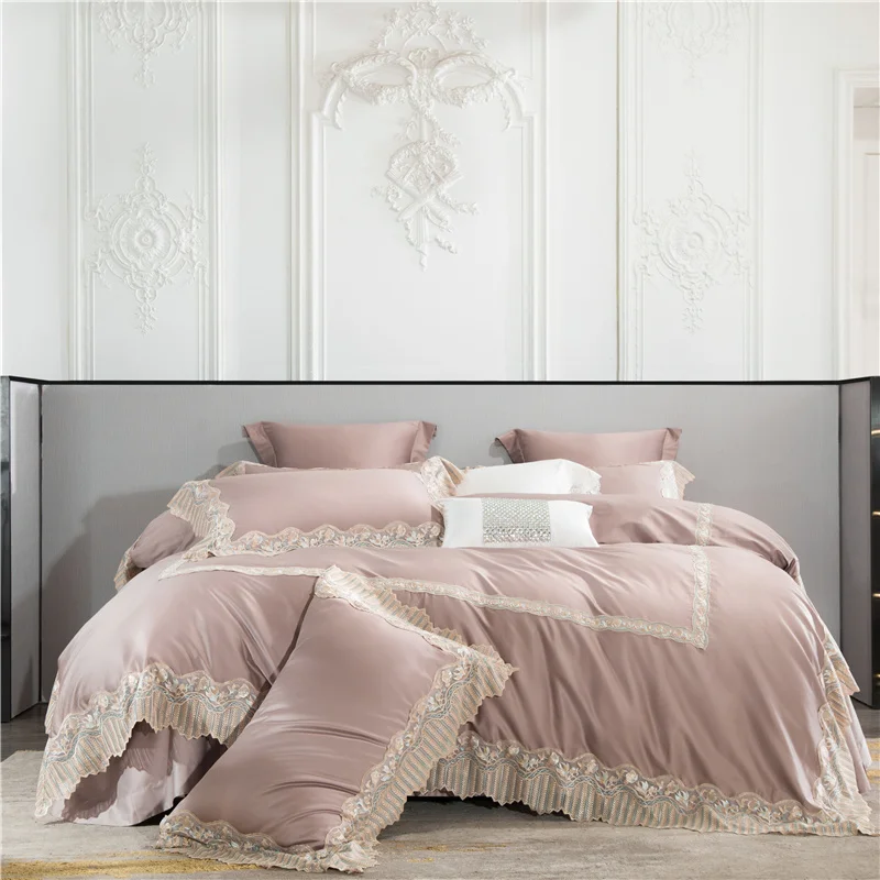 

New Luxury Pink White Blue Princess Wedding 1000TC Egyptian Cotton Bedding Set Lace Edge Duvet Cover Bed Sheet Pillowcase 4/7Pcs