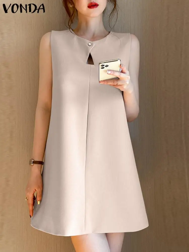 

Летнее пикантное свободное платье VONDA 2023, Женский мини-сарафан без рукавов, однотонный Повседневный модный пикантный короткий сарафан с вырезами, платье
